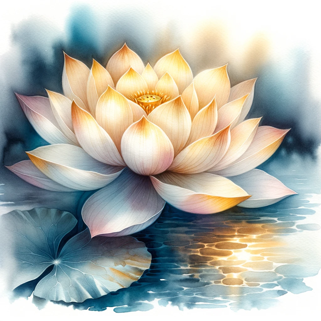 DALL-E watercolor image of a golden lotus on water